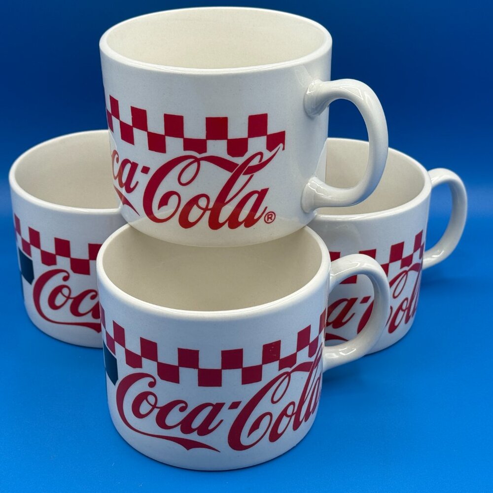 Vintage 1996 Coca-Cola Checkered Mugs, Set Of 4, Gibson Diner Style Coffee Cups